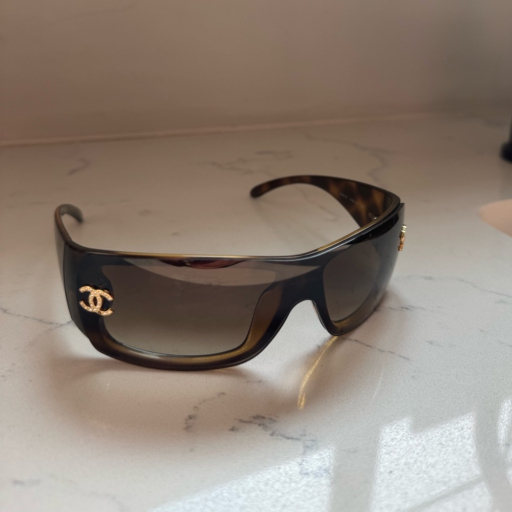 Vintage Chanel Brown Sunglasses - Chanel 5088-B Tortoise Crystal Mask Sunglasses